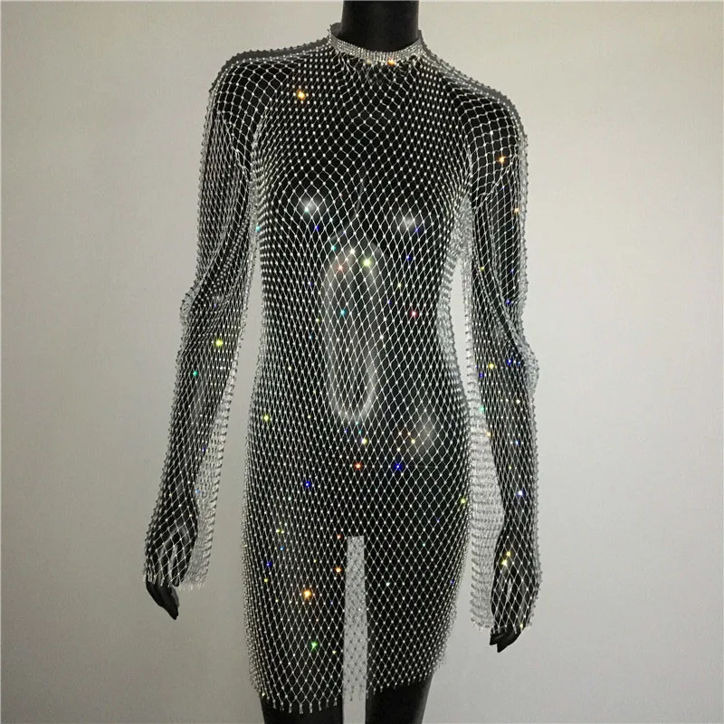 FestivalQueen Rhinestone Mesh Dress Sexy Long Sleeve Hollow Out Sheer Dress For Club & Party Women's Clothing