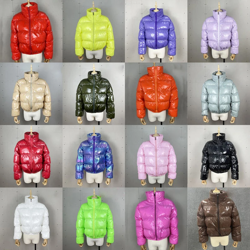 Cropped Y2k Bubble Jacket 18 Colors Faux PU Leather Solid Zipper Stand Collar Turtleneck Shiny Women Winter Warm Puffer Coat