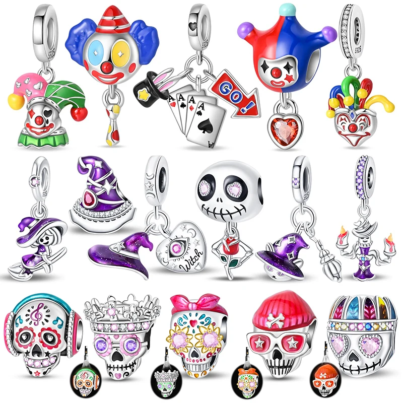 

New 925 Silver Halloween Luminous Skull Charm circus clown Beads Fit 3mm Original 925 Sterling Silver Bracelet DIY Jewelry Gift