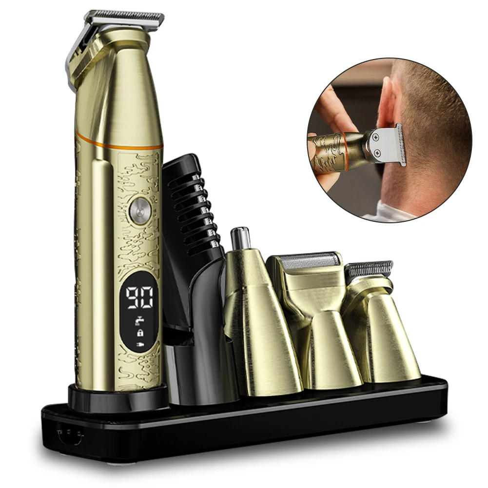 Men's 5-in-1 Electric Hair Clipper Multi-functional Grooming Kit with Digital Display Oil Head Pusher Long Endurance Trimmer