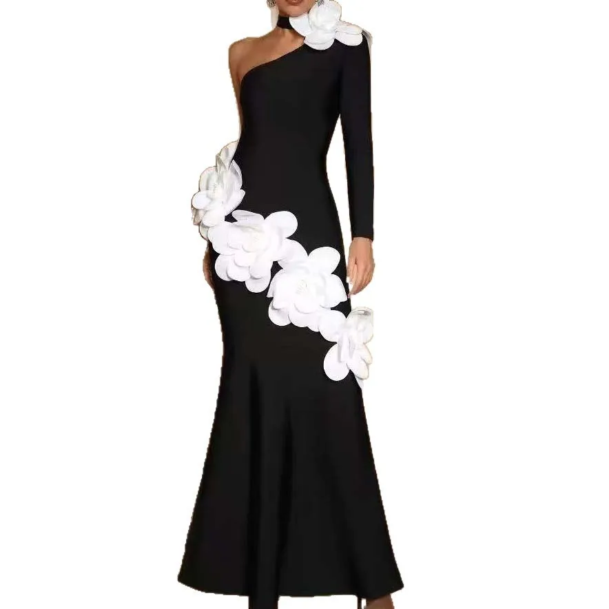 ชุดเดรสผ้าพันแผลทรงเข้ารูป ตกแต่งลายดอกไม้ ดีไซน์เปิดไหล่ สไตล์ใหม่ทันสมัย เหมาะสำหรับงานปาร์ตี้และงานเลี้ยง