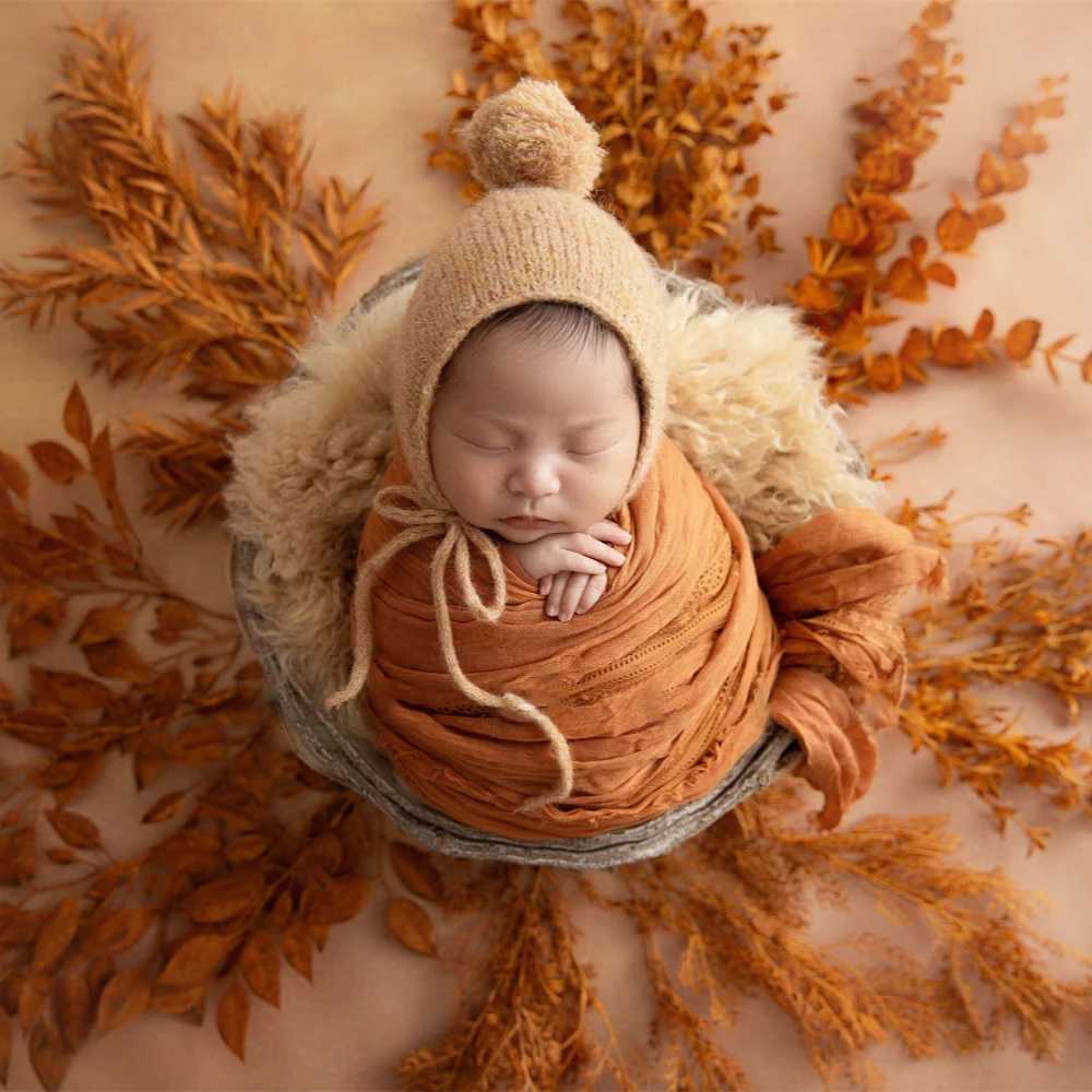 Newborn Baby Photography Props Pompoms Knitted Hat Stretchable Swaddle Wrap Headflower Photo Props Artificial Plant Accessories