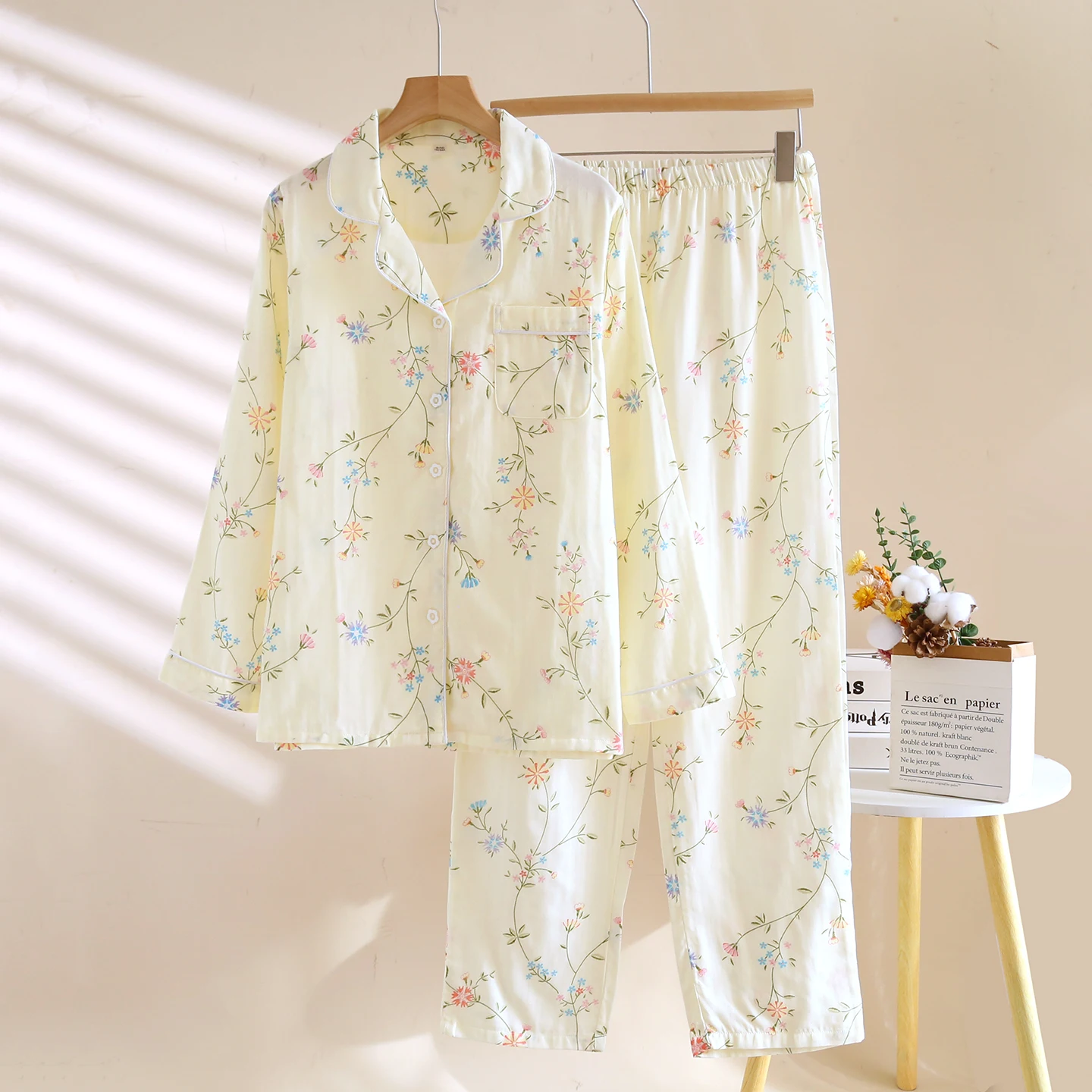 

Женский пижамный комплект из 2 предметов - пижама с мелким цветочным принтом, из двойной марли, 100% хлопок, с длинными рукавами, легкий и дышащий, весенний вариант