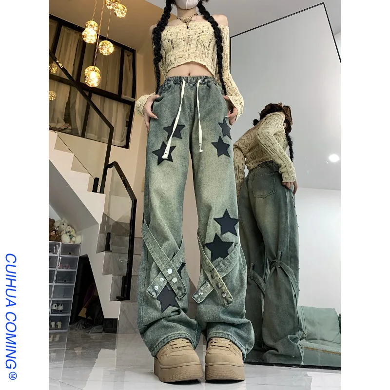 

Women's Blue Gothic Baggy Cargo Jeans with Star Harajuku Y2k 90s Aesthetic Denim Trousers Emo 2000s Jean Pants Vintage Clothes