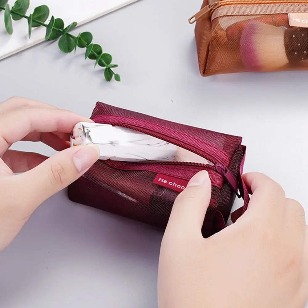 Durable Portable Square Mesh Storage Pouch Breathable Large Capacity Mini Zipper Coin Purse Lightweight Stationery Case