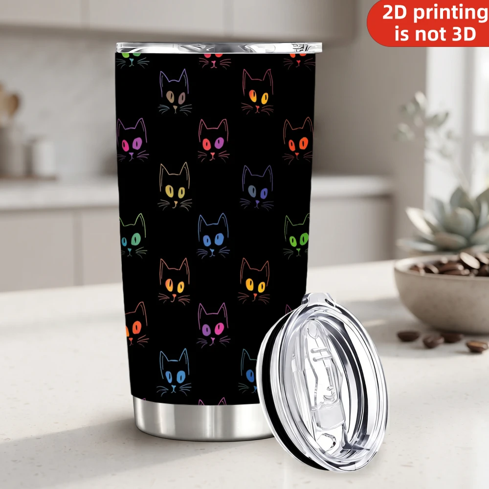 20oz Colorful Glowing Eyes Black Cat Printed Stainless Steel Tumbler with Lid and Straw, Dark Rainbow Outline Cat Face Pet Lover Vacuum Insulated Travel Coffee Mug Gifts