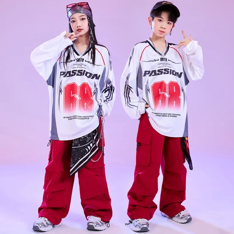 Kid Cool Hip Hop Clothing White Letters Sweatshirt Top Red Casual Wide Cargo Pants for Girl Boy Jazz Dance Wear Costume Clothes