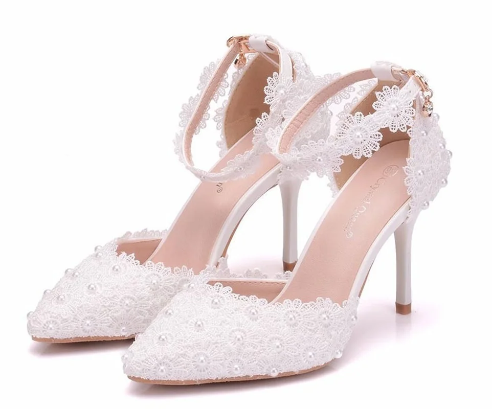 Wedding Shoes Bride White Wedding Shoes Female High Heels Ankle Strap Pumps Women\'s Shoes Rhinestone Lace High Heels Party Shoe