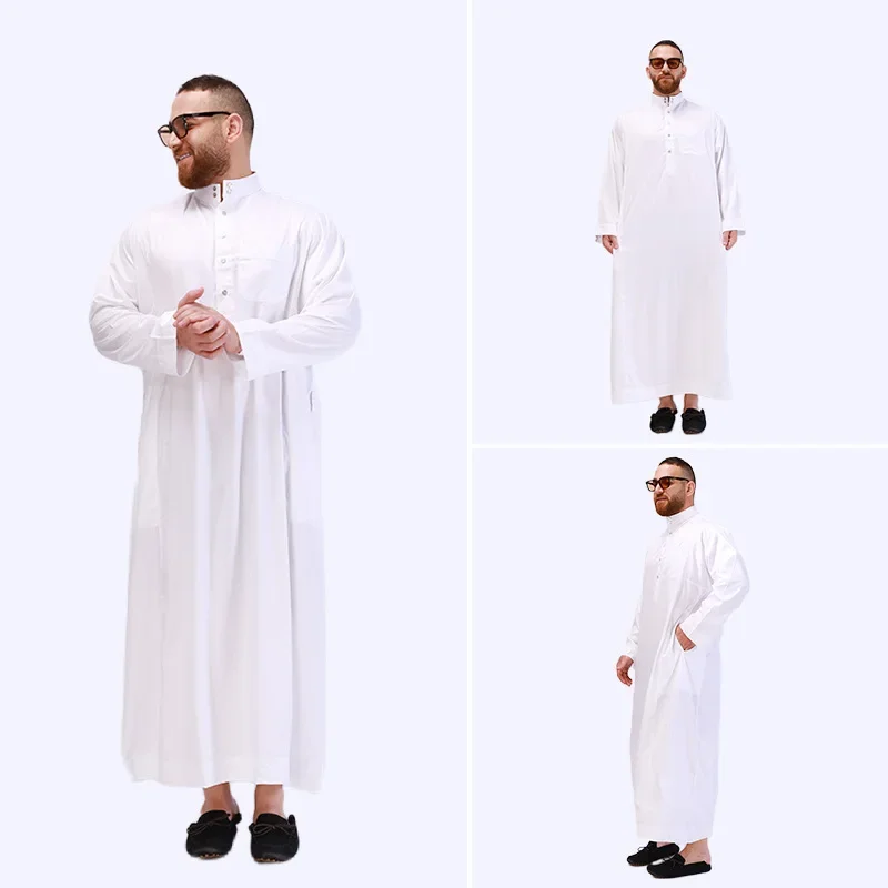 Abaya Solid - Color Muslim Men's Clothing, Arabian and Turkish Eid Al - Fitr Muslim White Long - Sleeved Worship Robes S-XXL