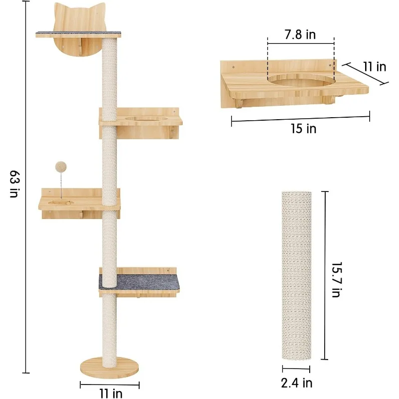 Wall Mounted Cat Tree with 2pcs Non-Slip Carpet, 63