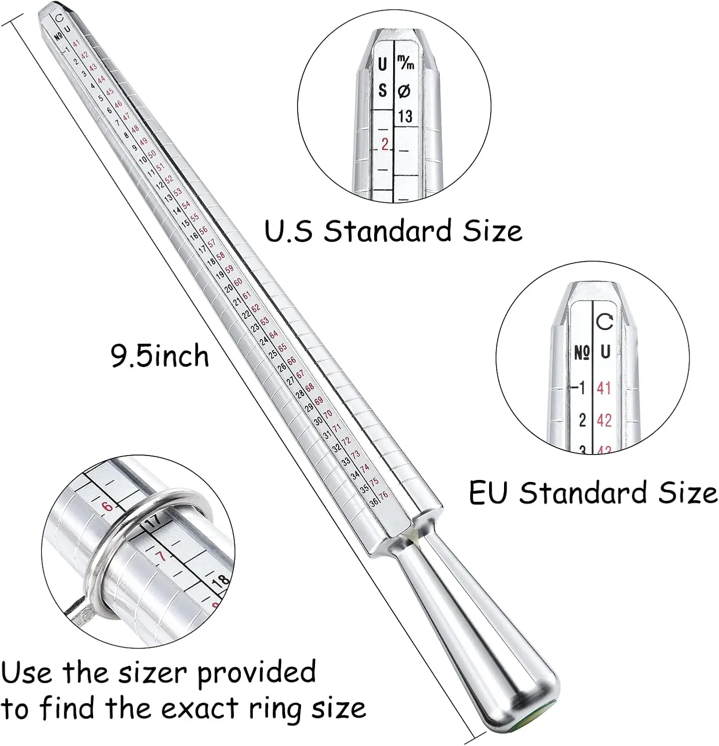 Ring Sizer Measuring Tool,  Aluminum Ring Mandrel Dual Measurement Size Metal Rings Sizers Tools Kit Adjuster for Women Men Ring