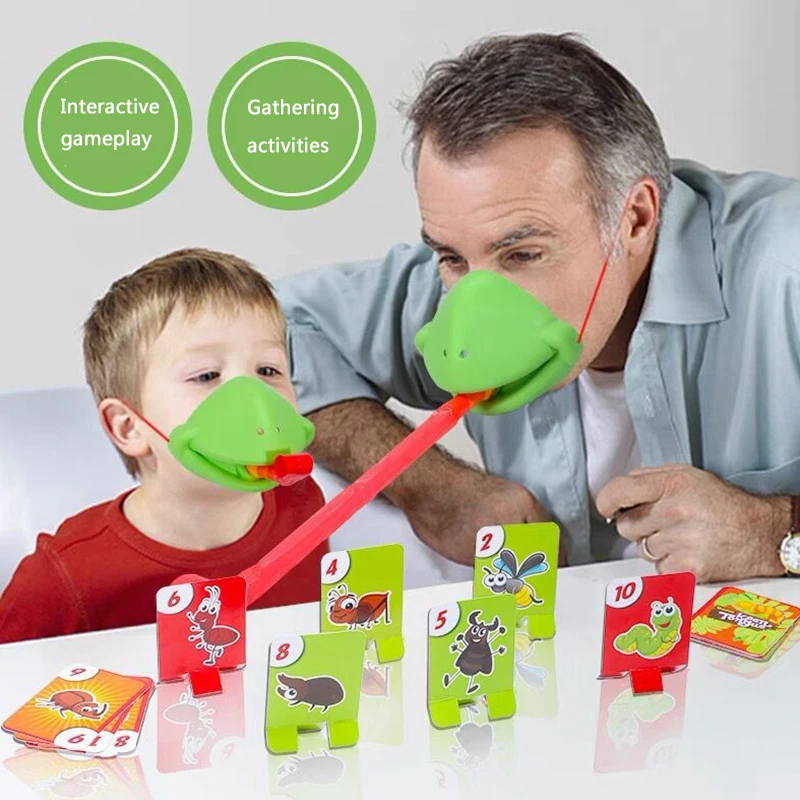 Tiktok Funny Frog Mouth Tongue Lizard Mask Blowing Catch Bugs Party Game Card Board Antistress Toy for Kids Family Interactive