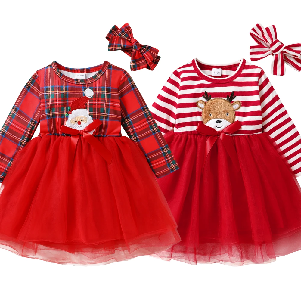 Baby Girl Clothes 6M-5T Fall/Winter Christmas Dress Striped Long Sleeve Santa Printed Tulle Dress 2PC Girl Christmas Outfit