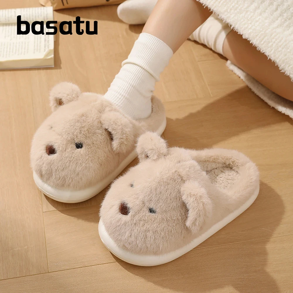

BASATU Women Warm Winter Cute Bear Slippers Men Casual Home Indoor Plush Slipper Couple Cozy Anti-slip Outdoor Cartoon Shoes
