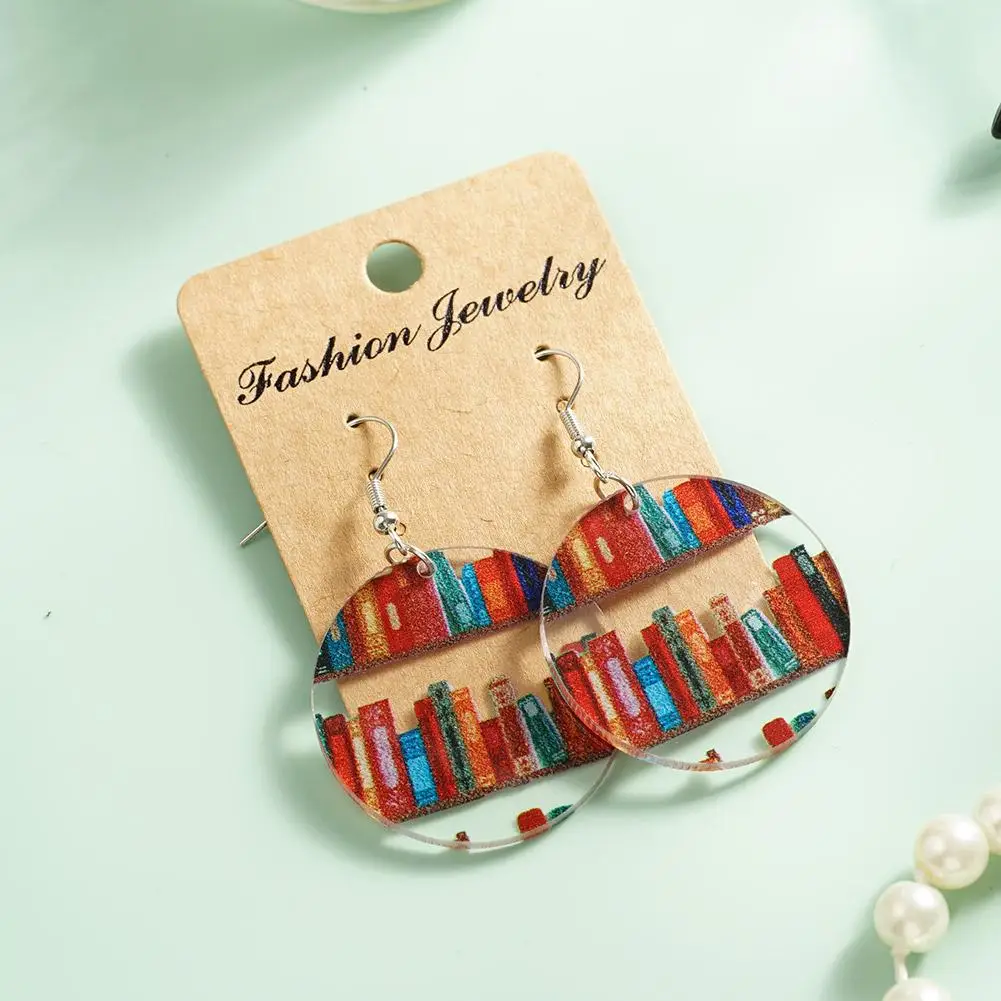 Acrylic Librarian Bookshelf Print Earrings Fashion Book Lovers Teardrop Wood Jewerly Gift For Woman Teacher Book Enthusiasts