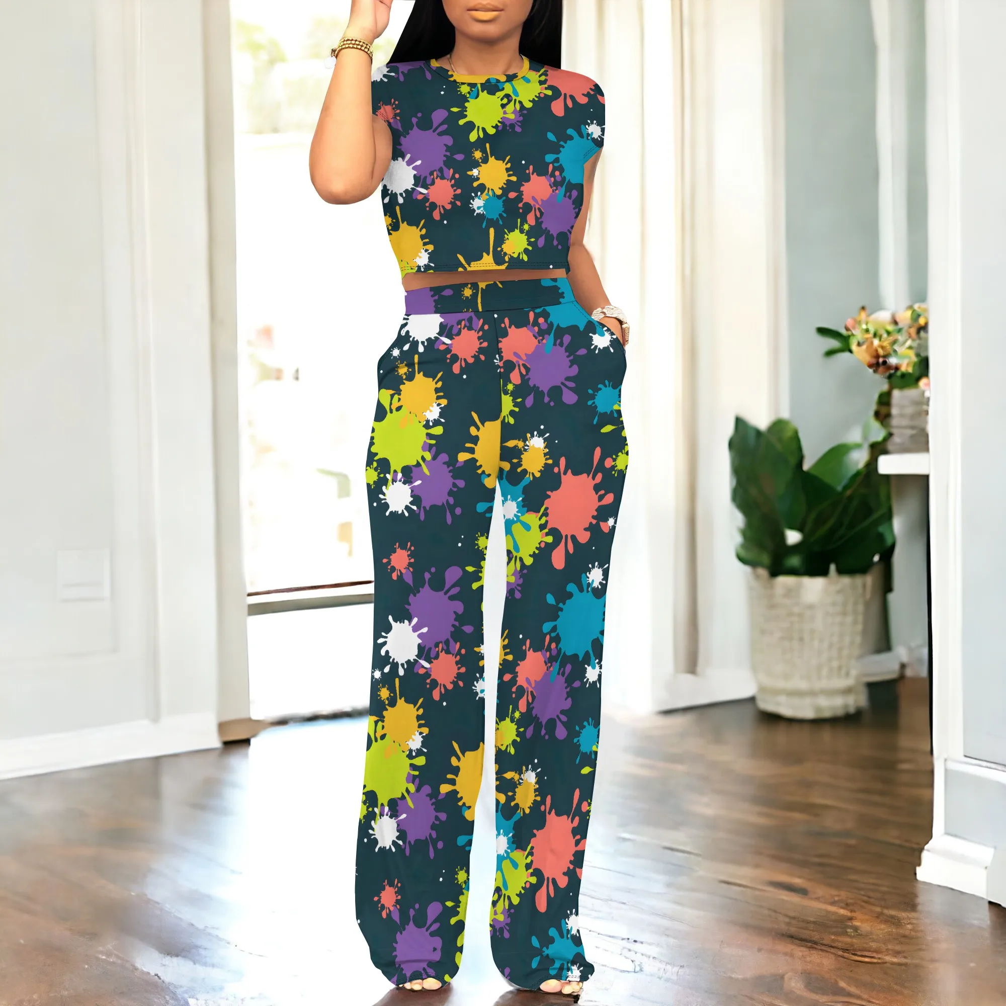 

Colorful Boho Print 2 Piece Set Crop Top and Flared Pants Festival Outfit