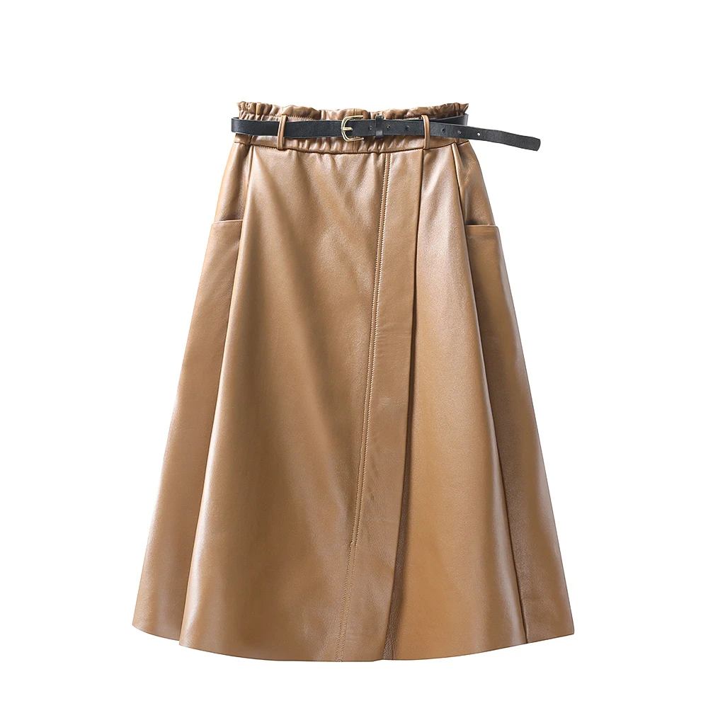 

Faionable eepskin Real Leather Skirt Mid-Length A-Line f Body Skirts Sli Slimming Spring Autumn New Arrival