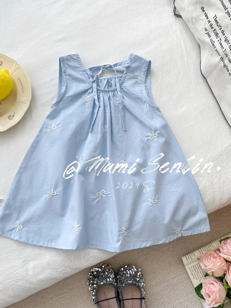 Vestido de verano sin mangas para niñas pequeñas, Falda bordada de princesa, estilo coreano Simple, novedad de 2024