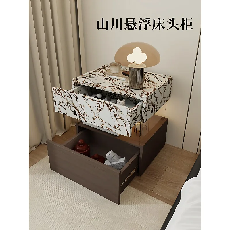 طاولة بجانب السرير معلقة بنمط رخامي فاخر وبسيط وحديث إيطالي، كابينة بجانب السرير لتخزين غرفة النوم باللونين الأبيض والأسود