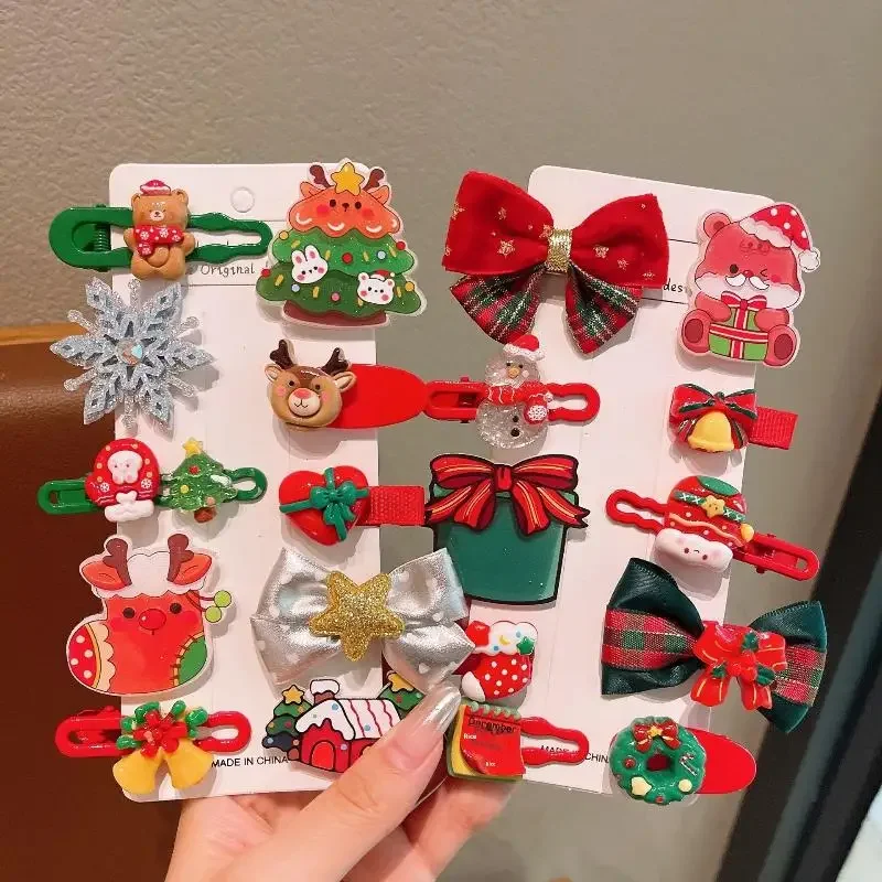 Zestaw spinek do włosów świątecznych, urocze spinki z motywem Świętego Mikołaja, choinki i płatków śniegu, akcesoria do włosów dla dzieci, prezenty na Nowy Rok