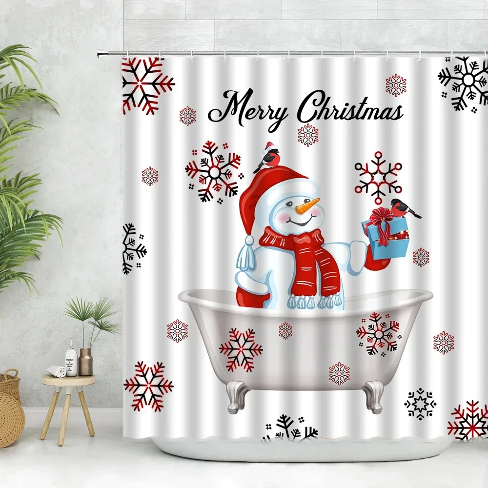 Cartoon Snowflake Snowman Shower Curtains Set Merry Christmas Deer Pine Tree Santa Claus New Year Bathroom Decor Fabric Curtains