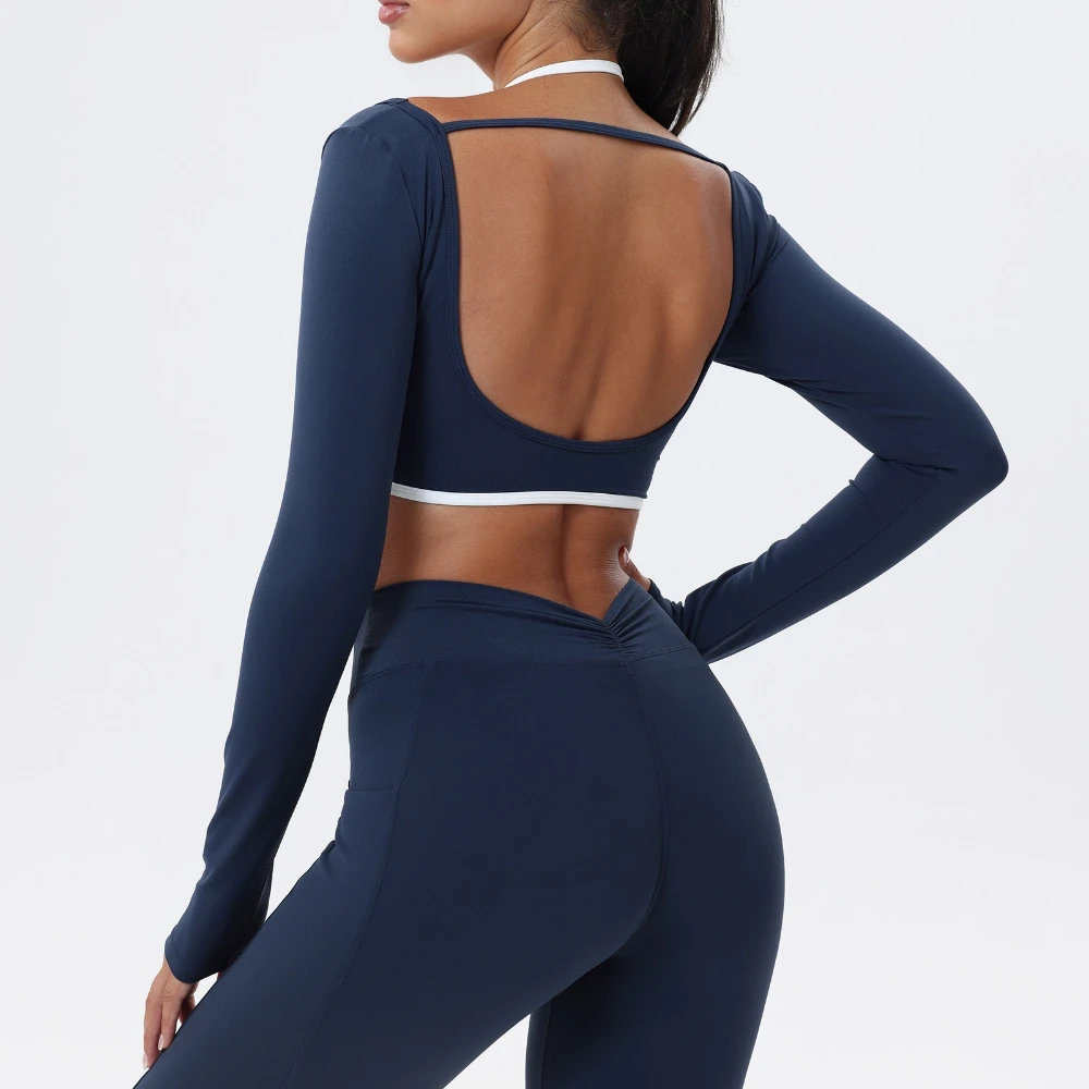 

Long Sleeve Yoga Shirts For Women Sexy Hollow Out Back Fitness Running Gym Tops Workout Quick Dry High Elastic Sports Shirts
