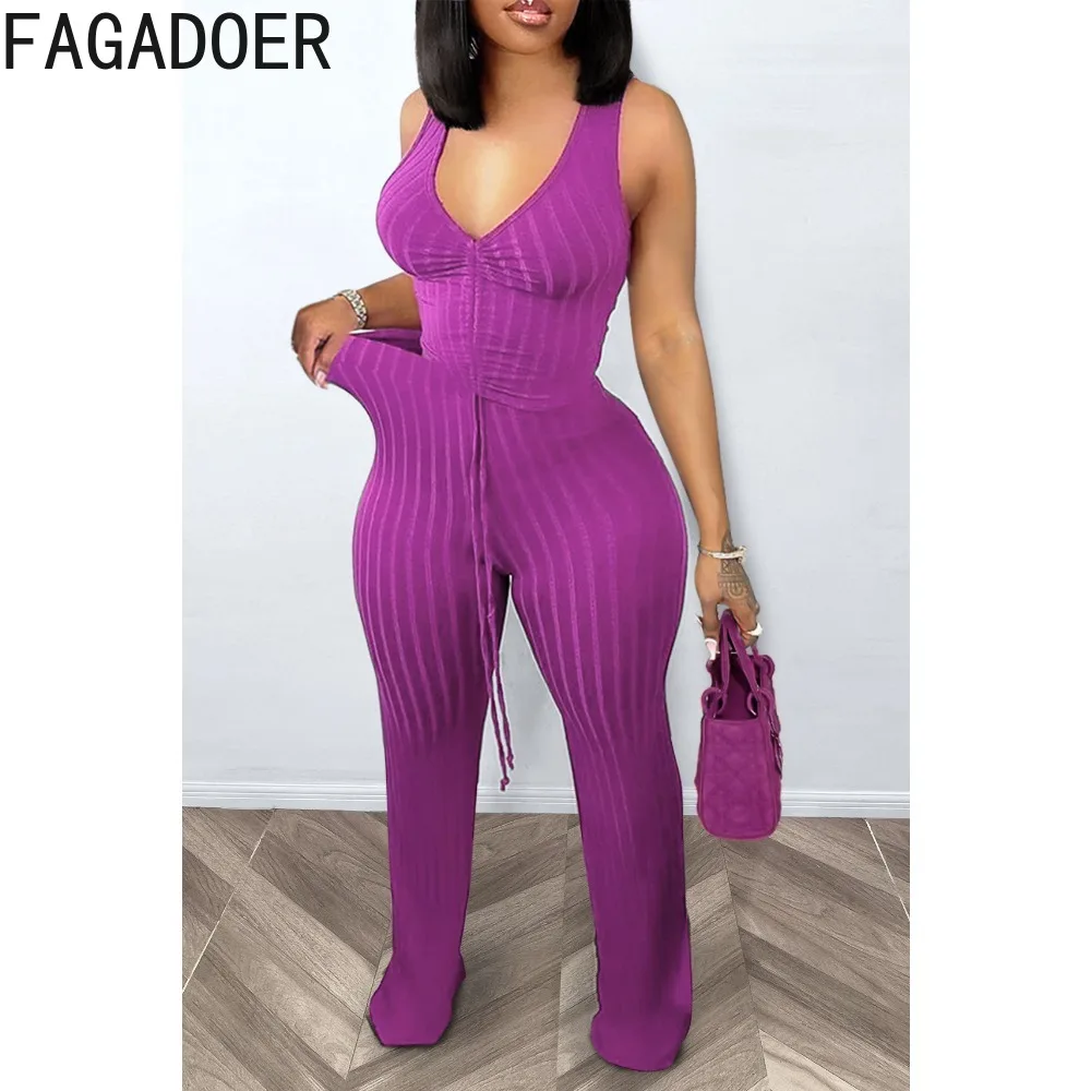 FAGADOER Sexy Deep V Drawstring Two Piece Sets For Women Deep V Sleeveless Slim Top And Pants Outfits Female 2pcs Clothing 2024