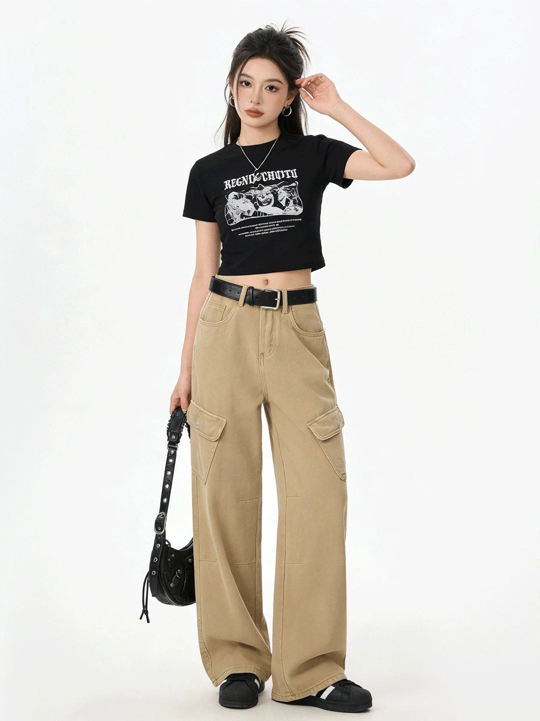 

High Waist Straight Leg Loose Fit Slimming Khaki Denim Wide Leg Pants Spring Anti-Aging Versatile Design Nine Inch Workwear