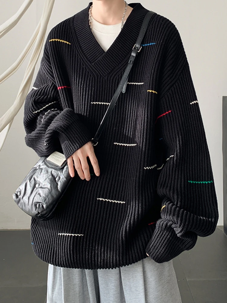 

Мужской вязаный свитер с V-образным вырезом, свободный повседневный крой, осенне-зимняя новинка, модный брендовый комфортный свитер для пар, вязаная одежда