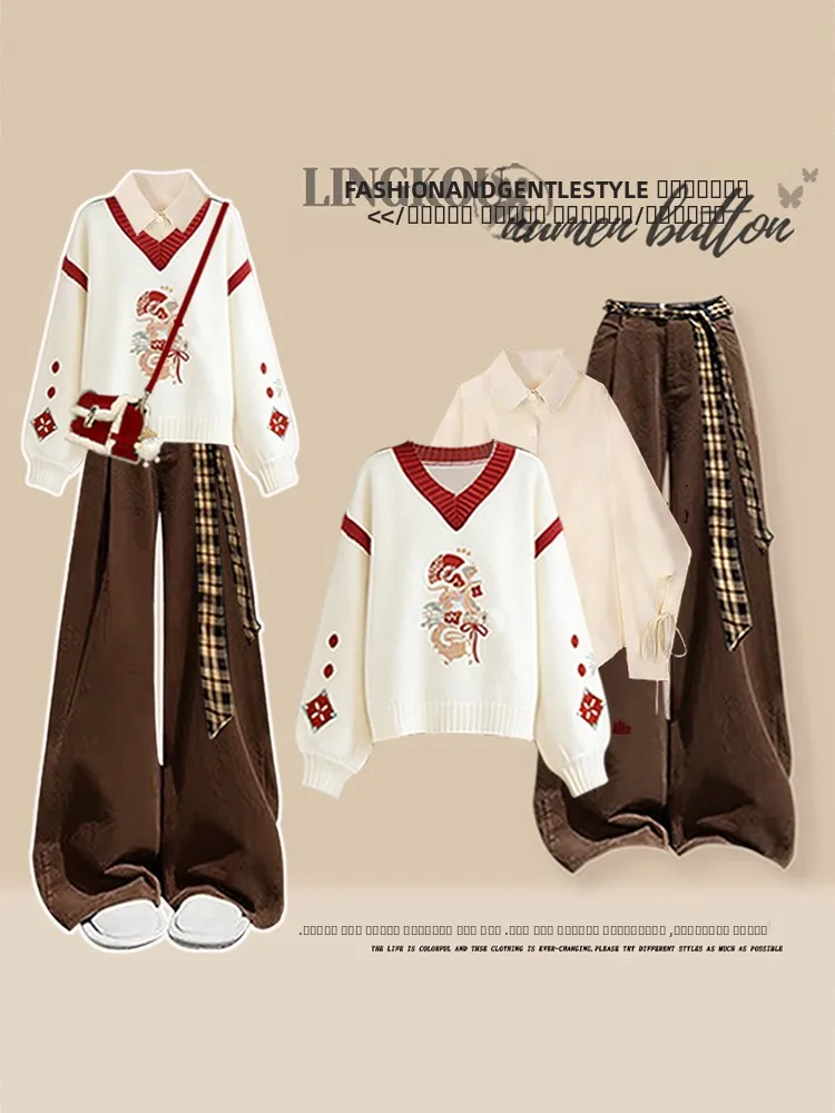 

Модный вязаный комплект больших размеров: свитер и свободные повседневные брюки, винтажный комплект из двух предметов, брюки с высокой талией