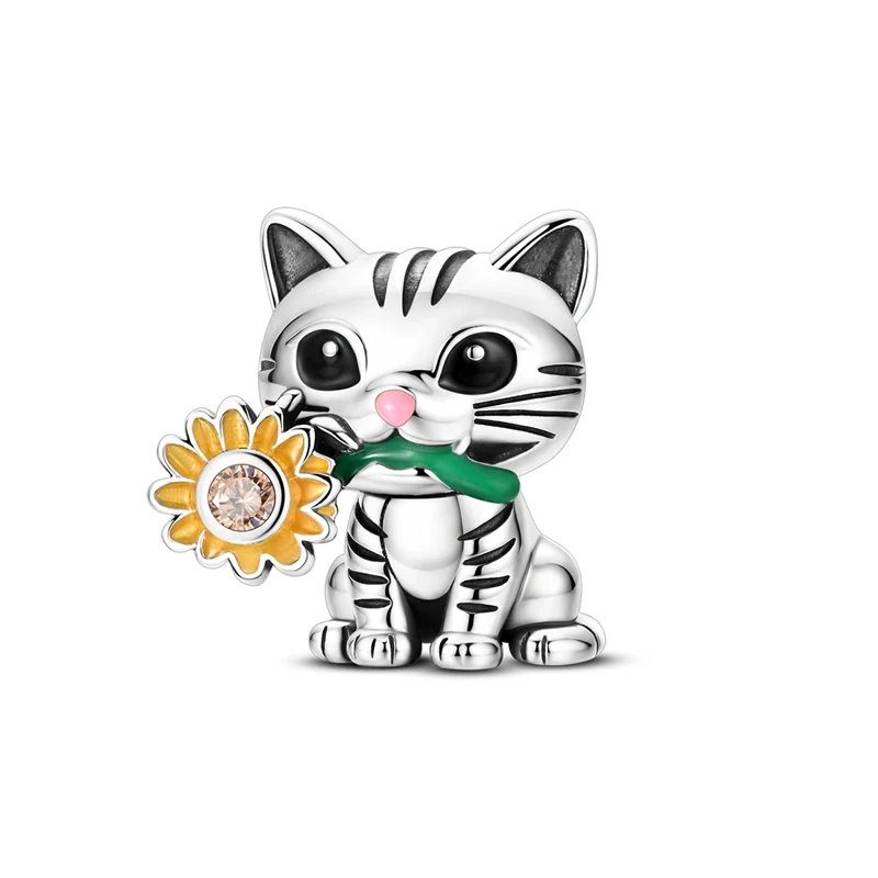 925 Sterling Silber Charms Perle CZ Zirkon Katze und Sonnenblume Anhänger Passend für Original Armband DIY Damen Schmuck Geschenk