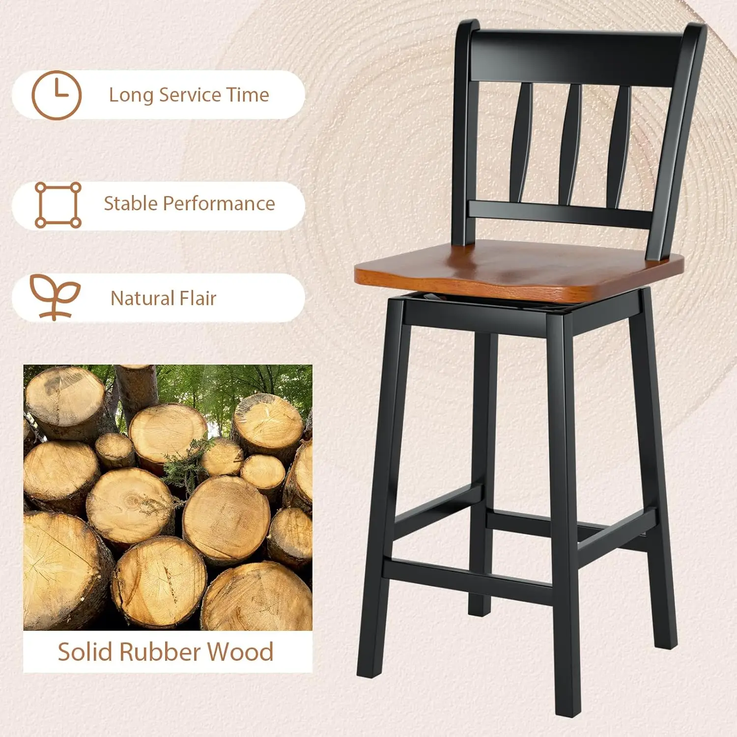 Costway Bar Stools Set Of 4, 24.5 Inch Solid Rubber Wood Bar Chairs With 360 ° Swiveling, Footrest, Swivel Counter Height