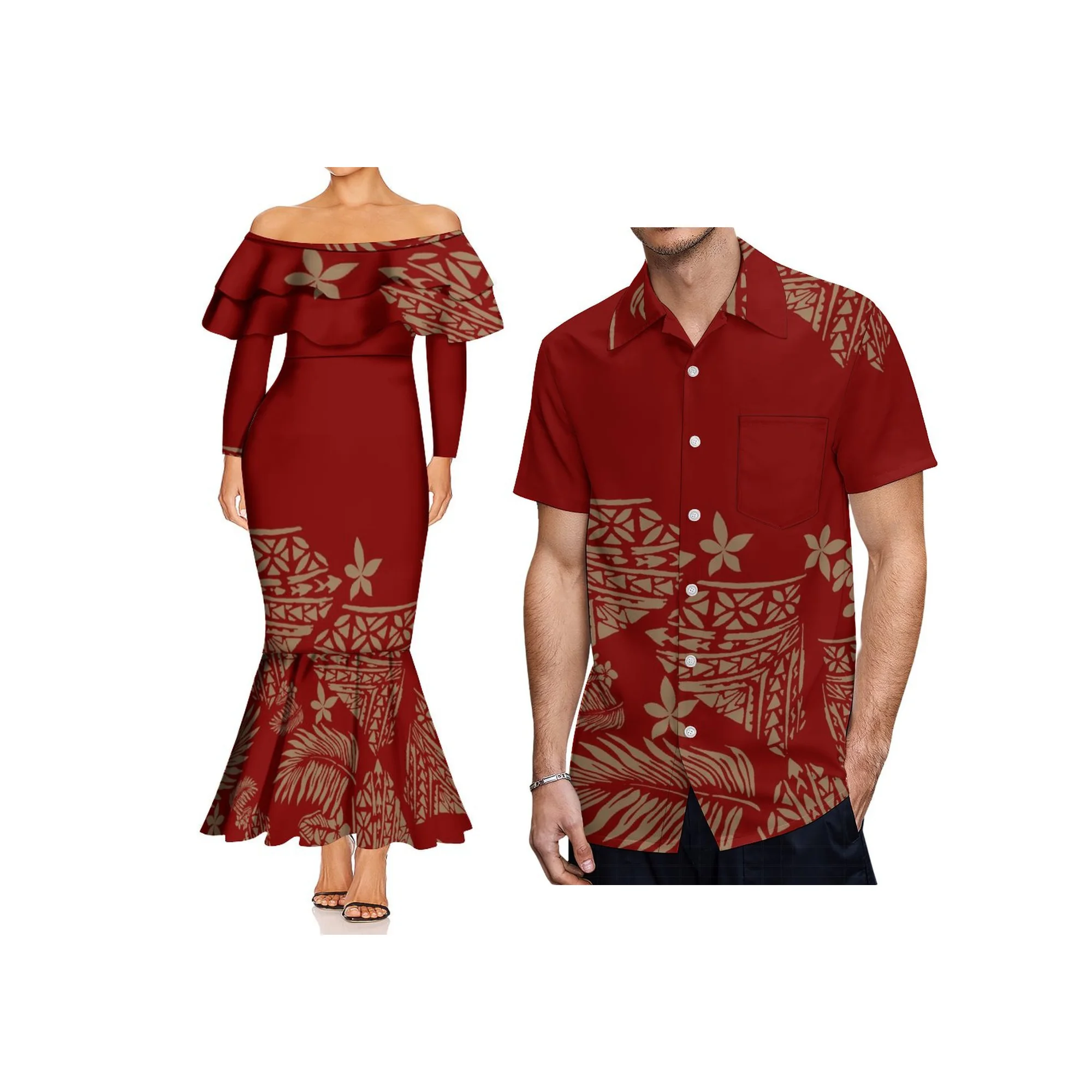 Hot Sale Custom Double Frill Mermaid Dress Polynesian Design off Shoulder Long Sleeve Bodycon Dress Lady Fishtail Evening Dress view 3