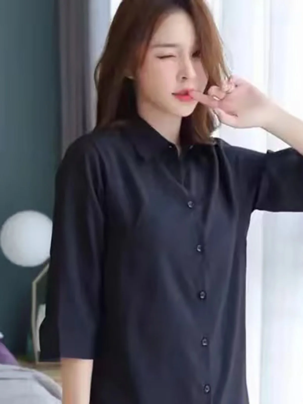 

2024 New Women's Sexy Summer White Midi irt Student Korean Loose Slimming Base Layer irt Polyester Long Sve Collar