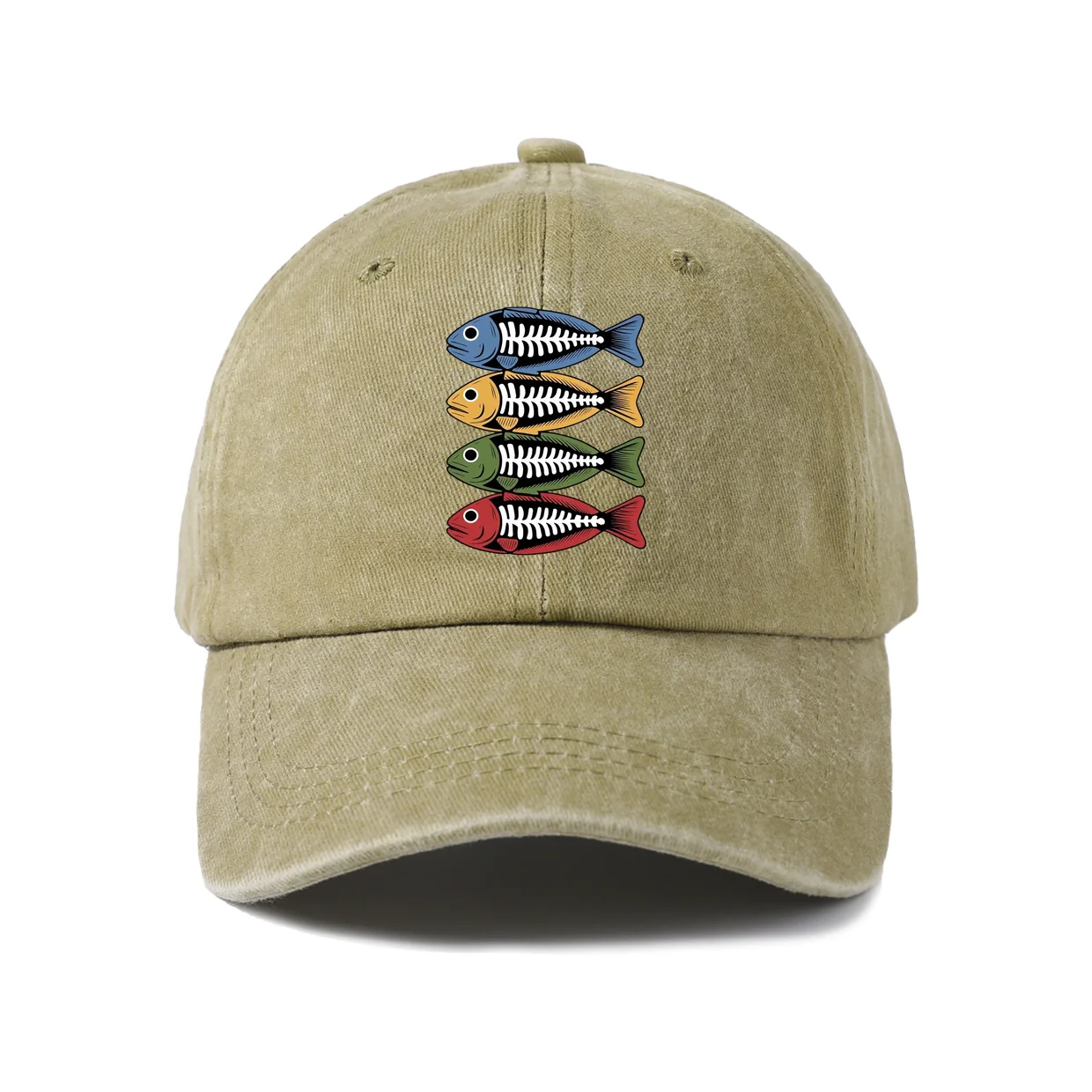 Colorful Fish Skeletons Graphic Baseball Cap, Vintage Washed Adjustable Unisex Dad Hat, Everyday Gift