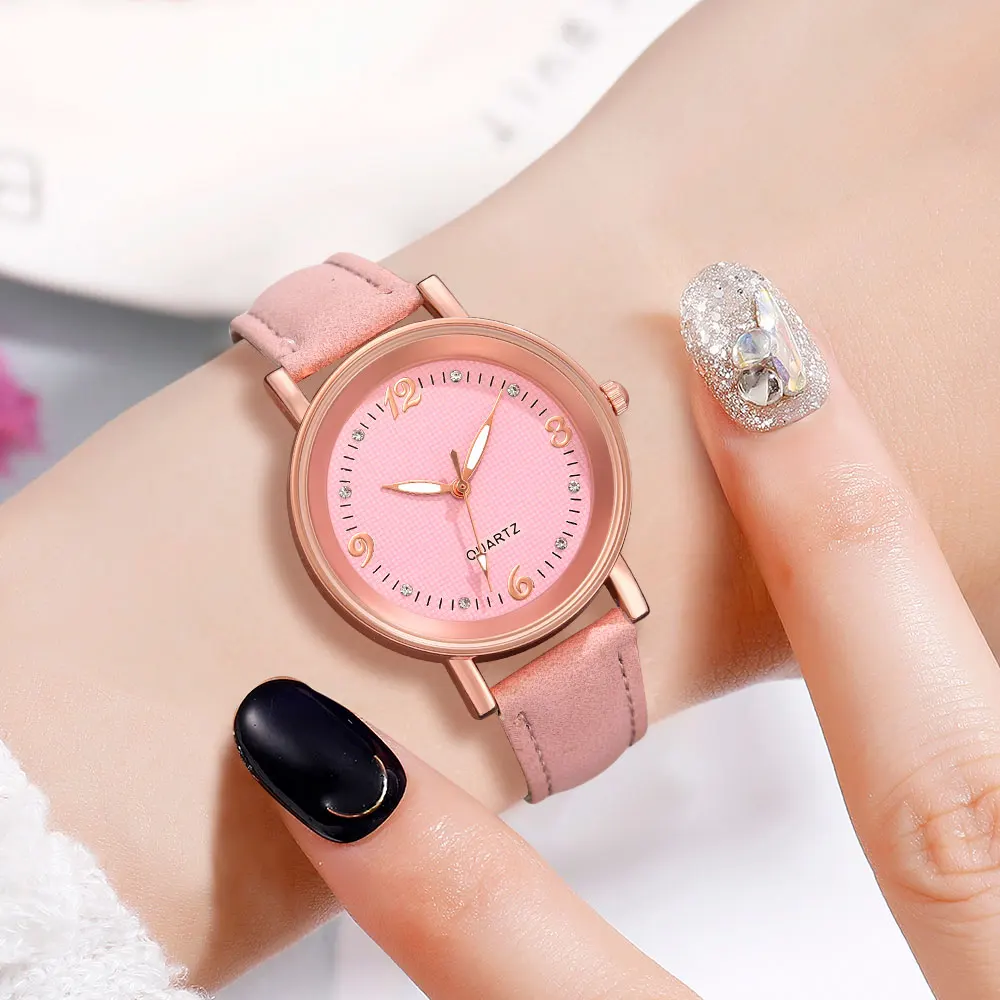 Quartz Pink Women Watch 5PCS/Set Simple Diamond Dial Quartz Wristwatch Leather Strap Watch Butterfly Jewelry Set Gift For Her