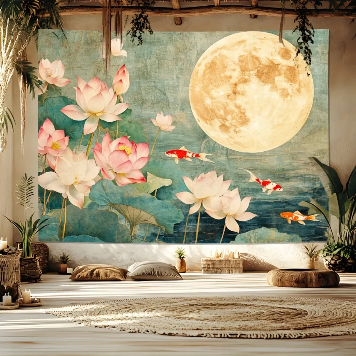 Bohemian Zen Lotus Koi Fish Moon Tapestry Wall Hanging Tropical Pond Decor Artwork for Bedroom Living Room Home Mural