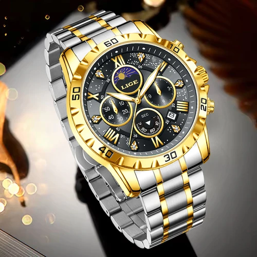 Imagen 1 del producto Reloj LIGE a la moda para hombre, cronógrafo luminoso resistente al agua, relojes de acero inoxidable para hombre, reloj de pulsera deportivo de cuarzo para hombre al aire libre