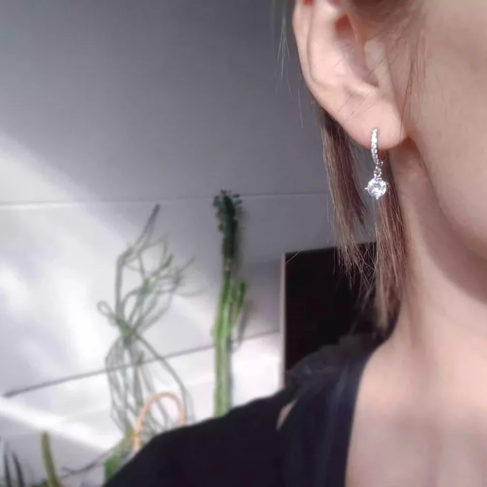 silver 925 round diamond studded earings buckle geometric simplicity charm fashion earrings for women long shiny wedding jewelry