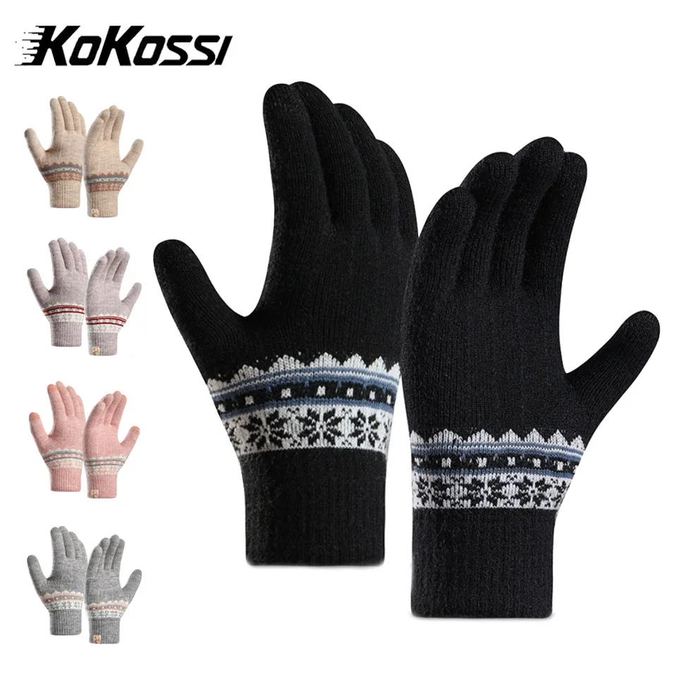 KoKossi Winter Warmth Women's Knitted Gloves Double-Layer Fleece Thicken Wool Jacquard Touchscreen Anti-Cold Thermal Gloves
