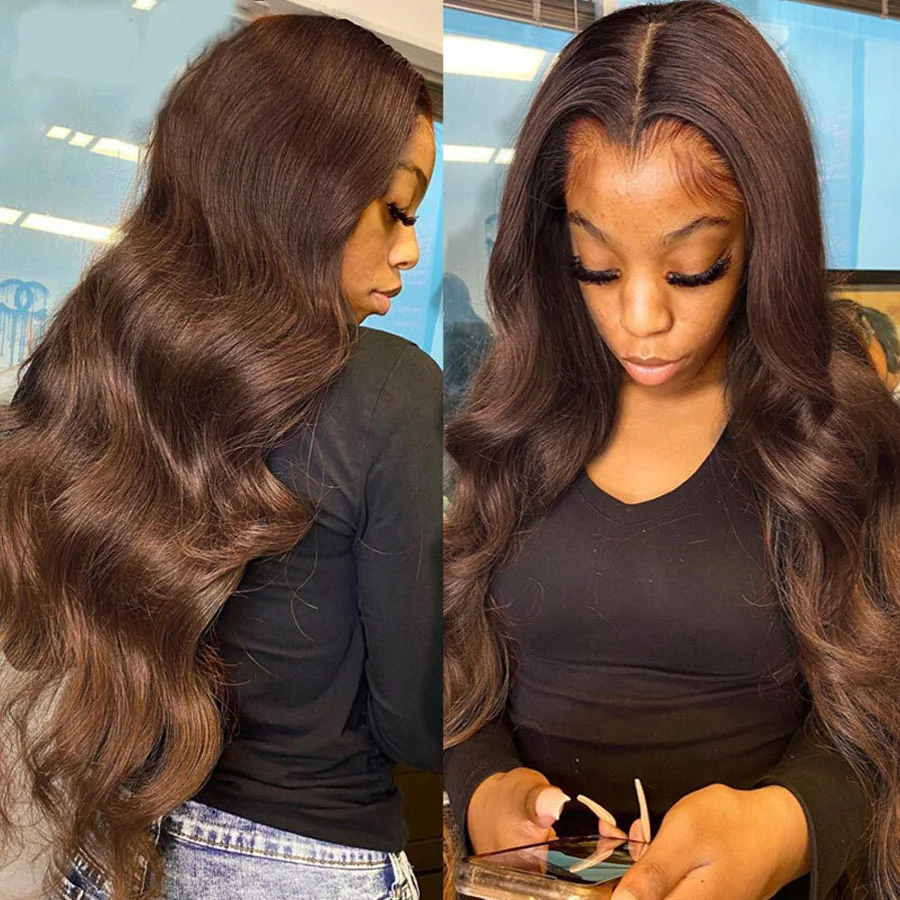 Perruque Lace Front Wig Body Wave naturelle Remy, cheveux humains, couleur brun chocolat, 13x4, 4x4, 180% HD, pre-plucked