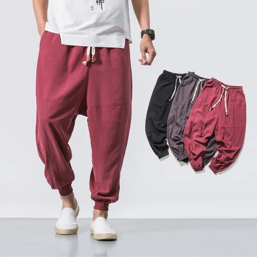 Imagen 1 del producto Nueva marca de pantalones Harem de gran tamaño para hombre, pantalones de lino chinos para hombre, pantalones sueltos informales de alta calidad para hombre
