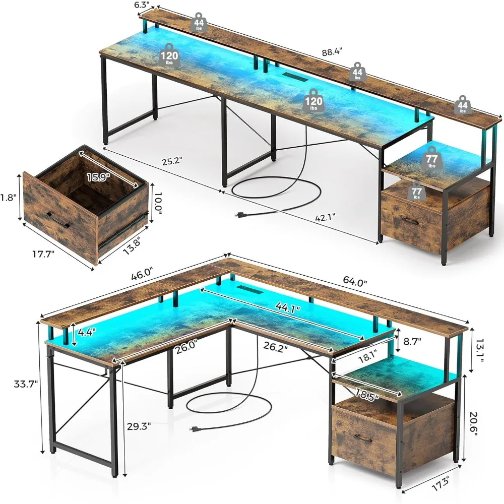 مكتب ألعاب ركن Rolanstar مع أدراج، مكتب قابل للعكس 64 مع مخرج طاقة وإضاءة LED، يتضمن خزانة ملفات #2