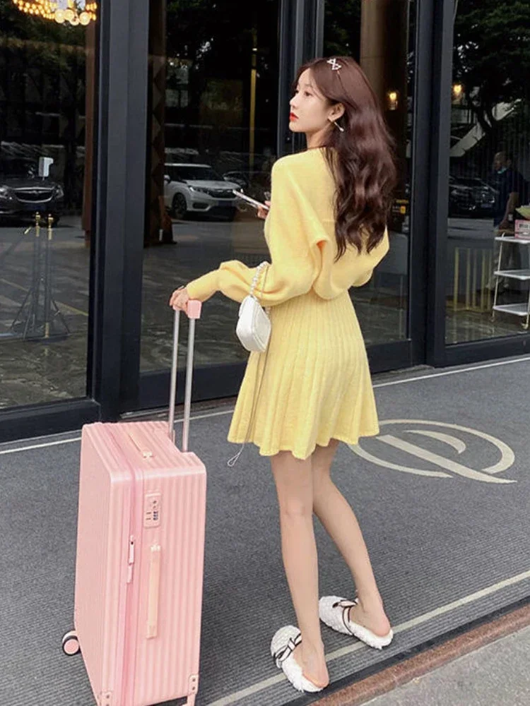 New Autumn Winter Sweet Knitted Two Piece Dress Set Women Casual Coat+Strap Dress Set Female Korean Style Solid Dress Suit