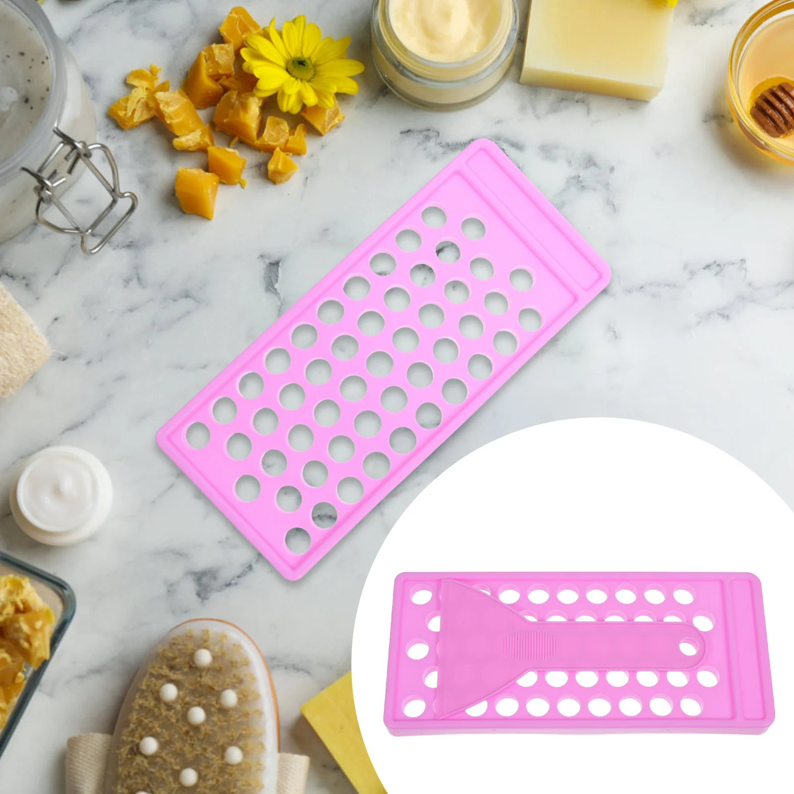 1Set Vassoio di riempimento per balsamo per labbra Stampo di riempimento portatile Supporto per rossetto 50 fori Set per balsamo per labbra fai da te Spatola inclusa