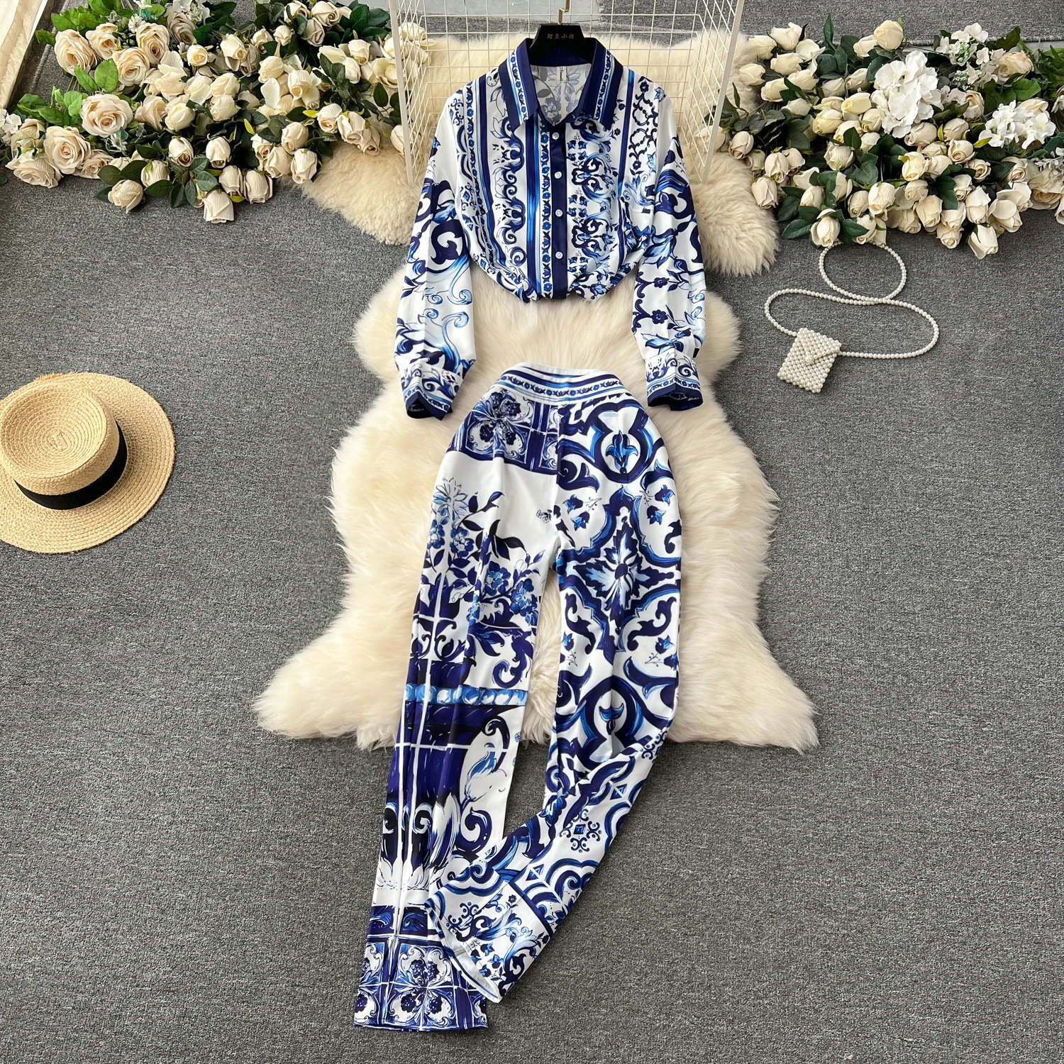 

Runway Women's Pants Set 2 Pieces Chic and Elegant Conjuntos Femininos Long Sleeve Blue Print Blouse Trousers Set Suit Outfit