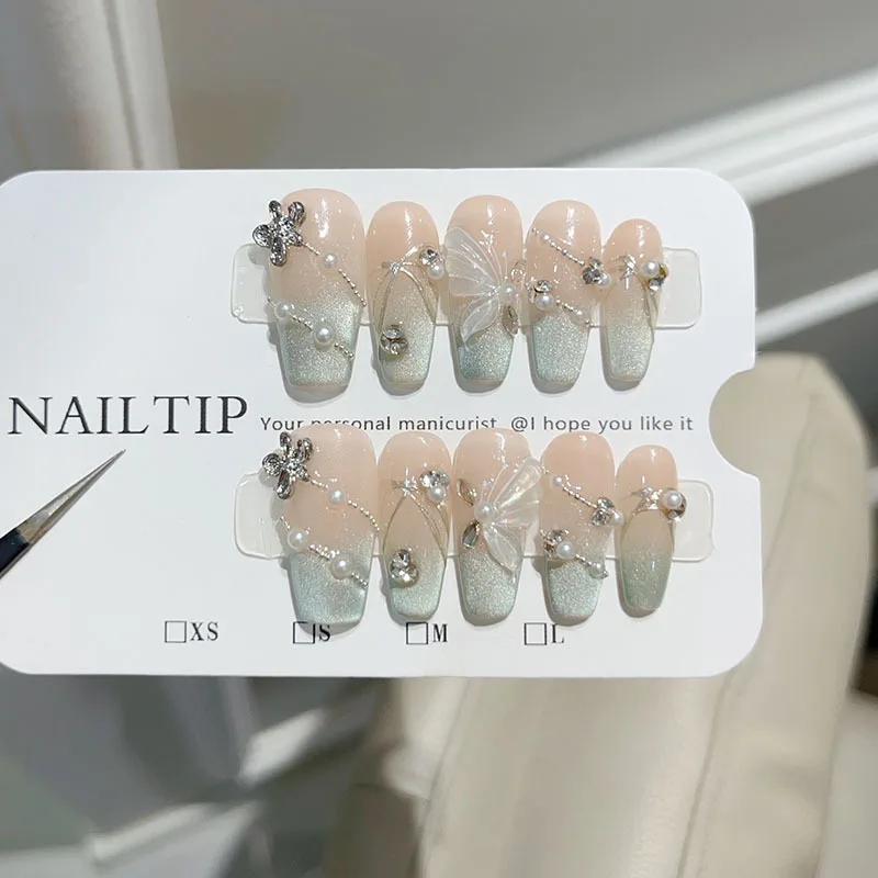 10Pcs Handmade Press on Nails Full Cover 3D Butterfly Cat Eye Rhinestone French Sweet Ballerina Manicure False Nails Nail Tips