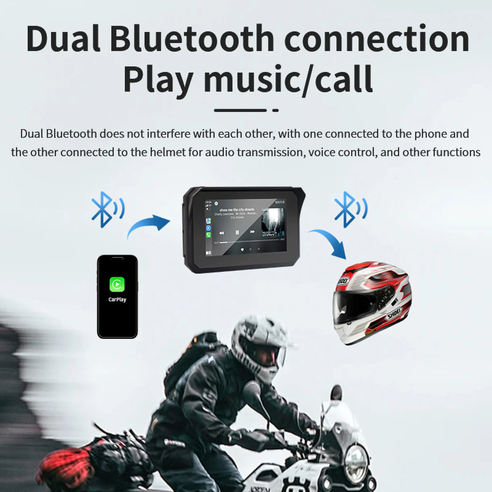 オートバイ用のAndroidAutoとBluetoothを備えたワイヤレスCarPlayオートバイ画面,デュアルBluetooth 800を備えたポータブル外部デバイス,5インチ