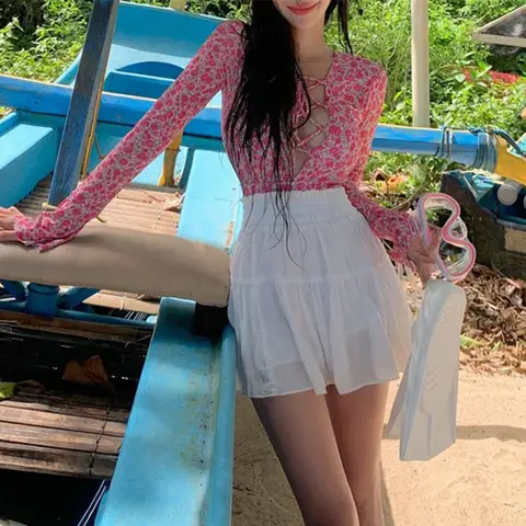 2024 꽃 원피스 수영복 여성 수영복 섹시한 패딩 수영복 Monokini 긴 소매 바디 슈트 비치 수영복 한국어