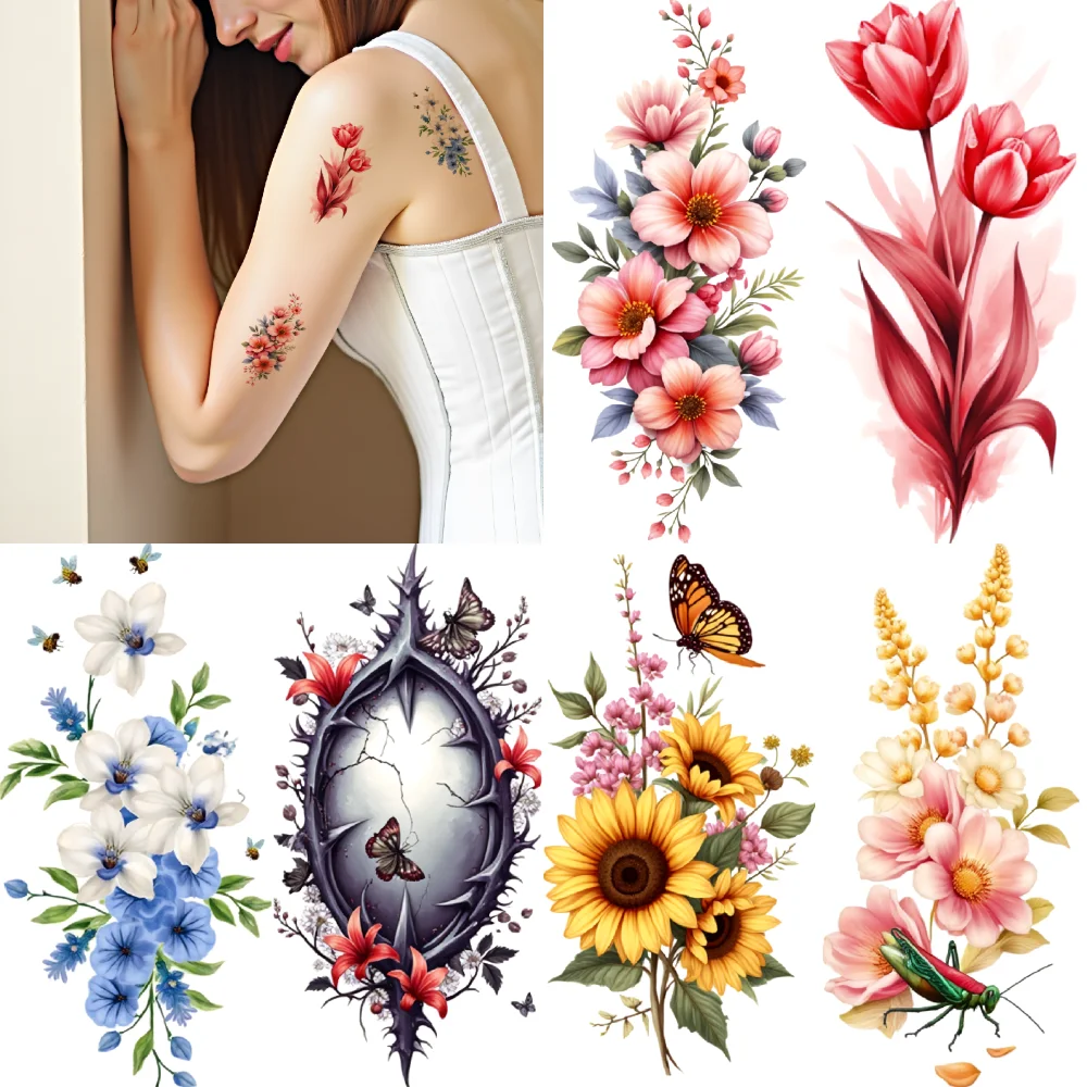 

9pcs Temporary Tattoo Colorful Decorative Flowers Peonies Lilies For Back Male Shoulders
